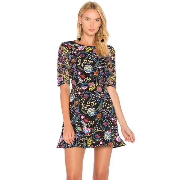 SALONI CELIA BLACK COLORFUL FLORAL PRINT SHEER LACE 1/2 SLEEVES MINI DRESS - Picture 12 of 12